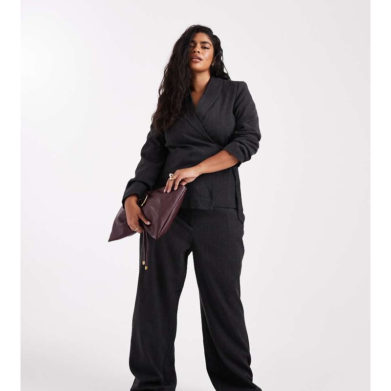 Vero Moda Curve tailored wide leg trouser co-ord in dark grey melange 109436489