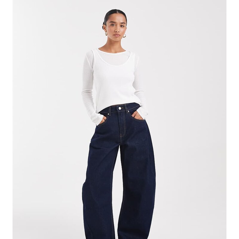 ASOS Petite ASOS DESIGN Petite high waisted barrel leg jeans in rinse 110799456