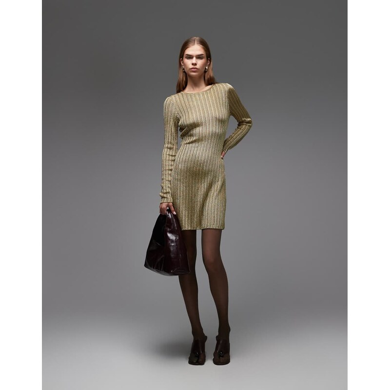& Other Stories knitted ribbed glitter mini dress in gold