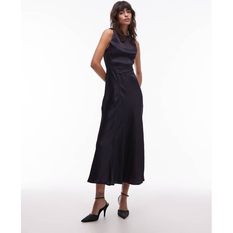 & Other Stories satin crepe midi dress with drape neck in navy 109436536