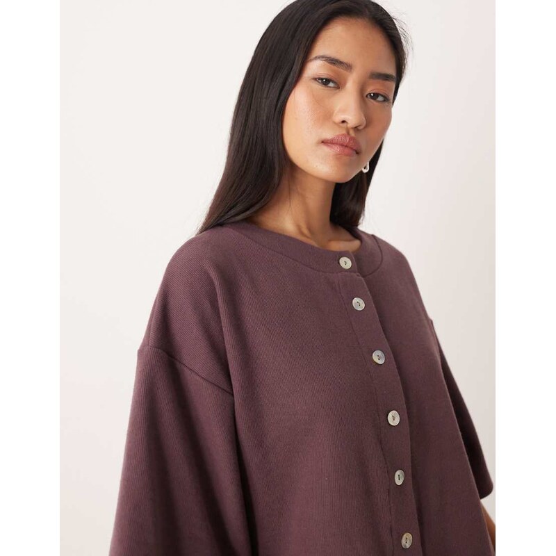 ASOS DESIGN Supersoft short sleeve cardigan co-ord in plum-Red