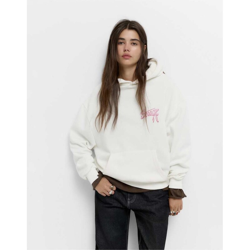 Pull&Bear Hoodie with bow graphic in ice-White 109436620