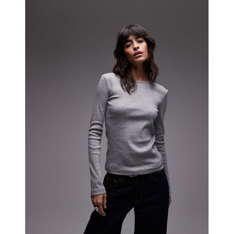 & Other Stories soft jersey rib long sleeve top in grey melange