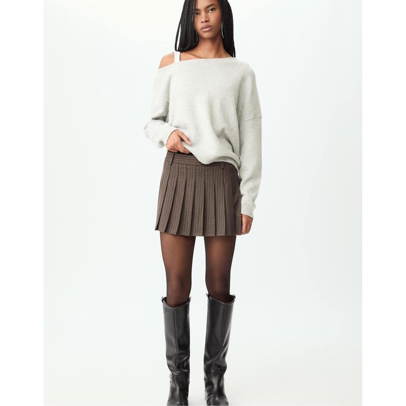 Stradivarius Striped box pleat mini skirt in brown 109486557