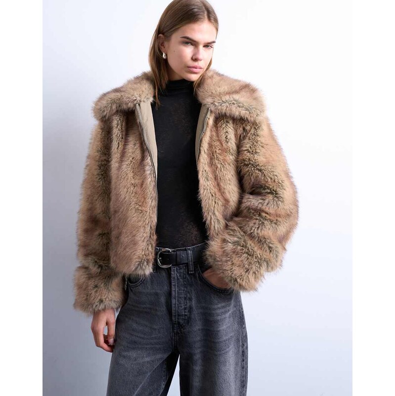 Topshop faux fur stripe zip thru bomber jacket in light brown