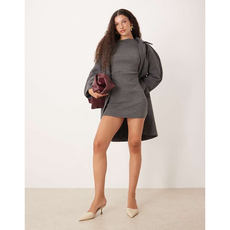 SNDYS asymmetric off shoulder ruched mini dress in charcoal-Grey