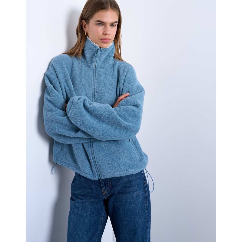 Topshop borg fleece funnel zip through in blue 109660394
