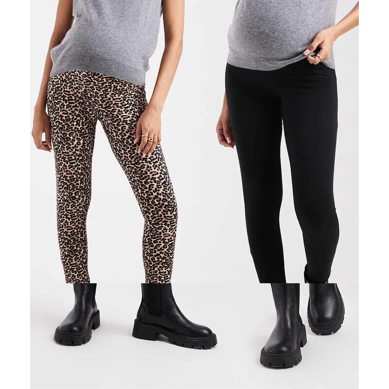 ONLY Maternity 2-pack leggings in black & animal print