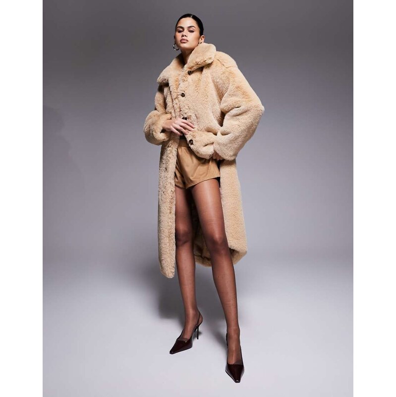 Aria Cove faux fur button detail collared belted maxi coat in camel 109437563