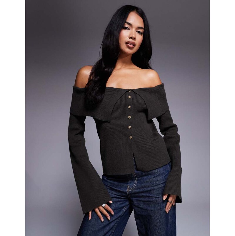 Kaiia exclusive ribbed foldover bardot knitted button detail