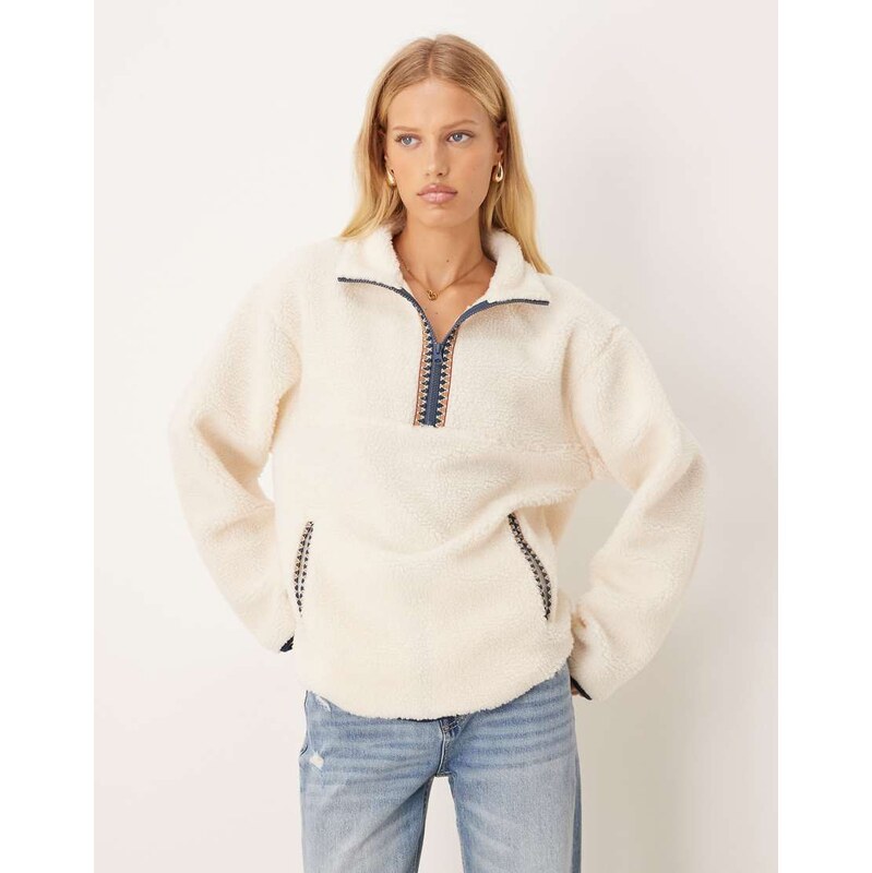 ASOS DESIGN half zip borg fleece with folk trim detail in cream-White 109437592