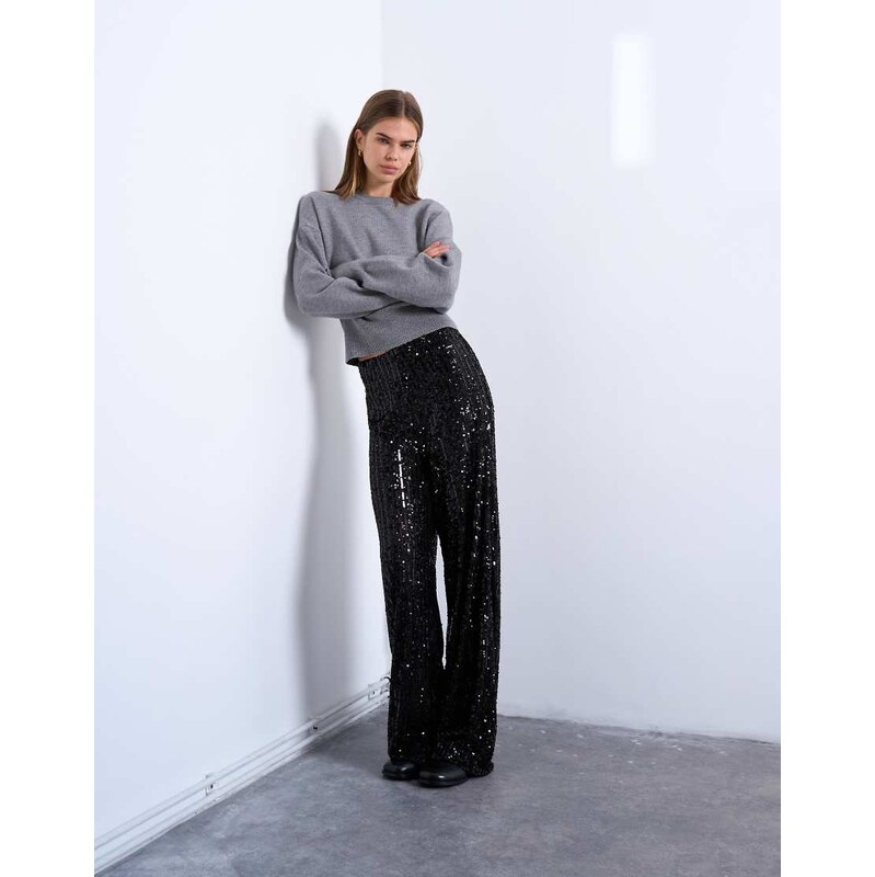 Topshop sequin wide leg trousers in black 109437607