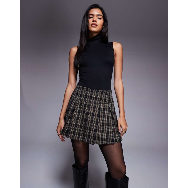 ASOS DESIGN pleated brushed v seam mini skirt in chocolate check
