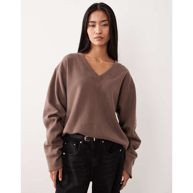 ASOS DESIGN Supersoft ruched sleeve v neck jumper in mocha-Brown 112462884