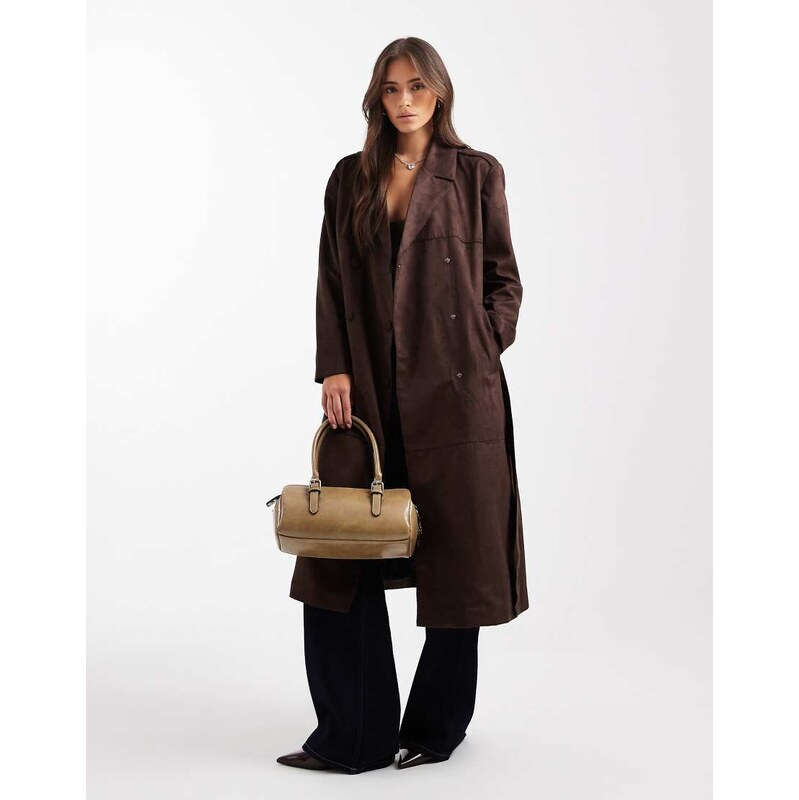 ONLY faux suede trench coat in chocolate brown 109440762