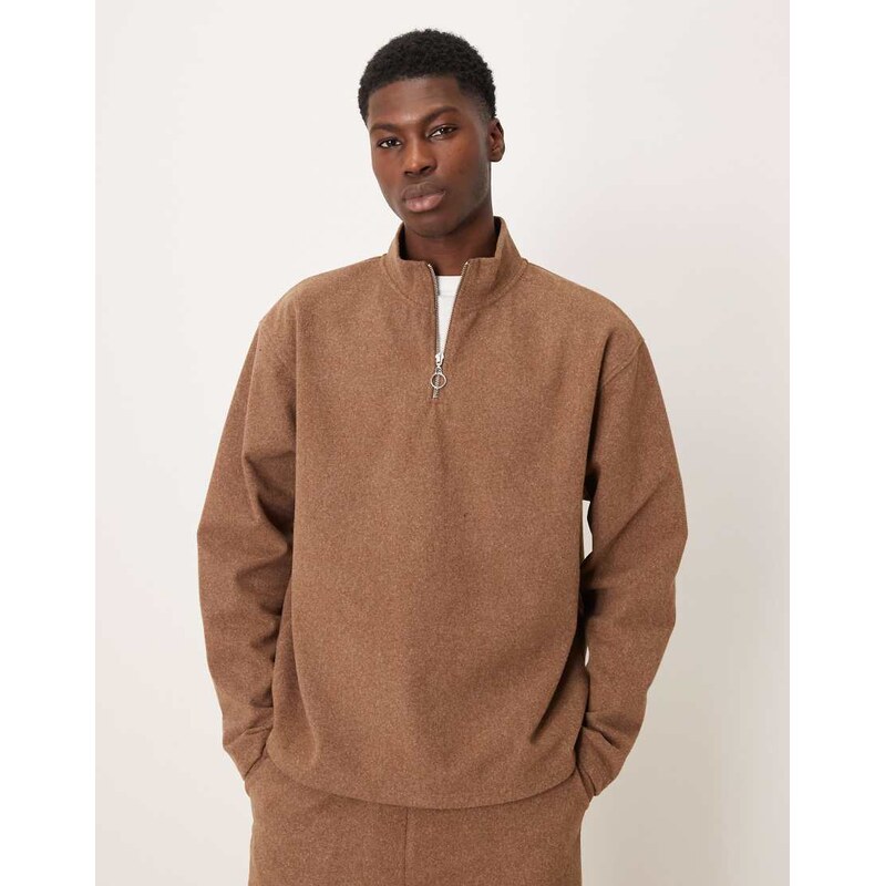 ASOS DESIGN relaxed quarter zip in brown marl-Neutral