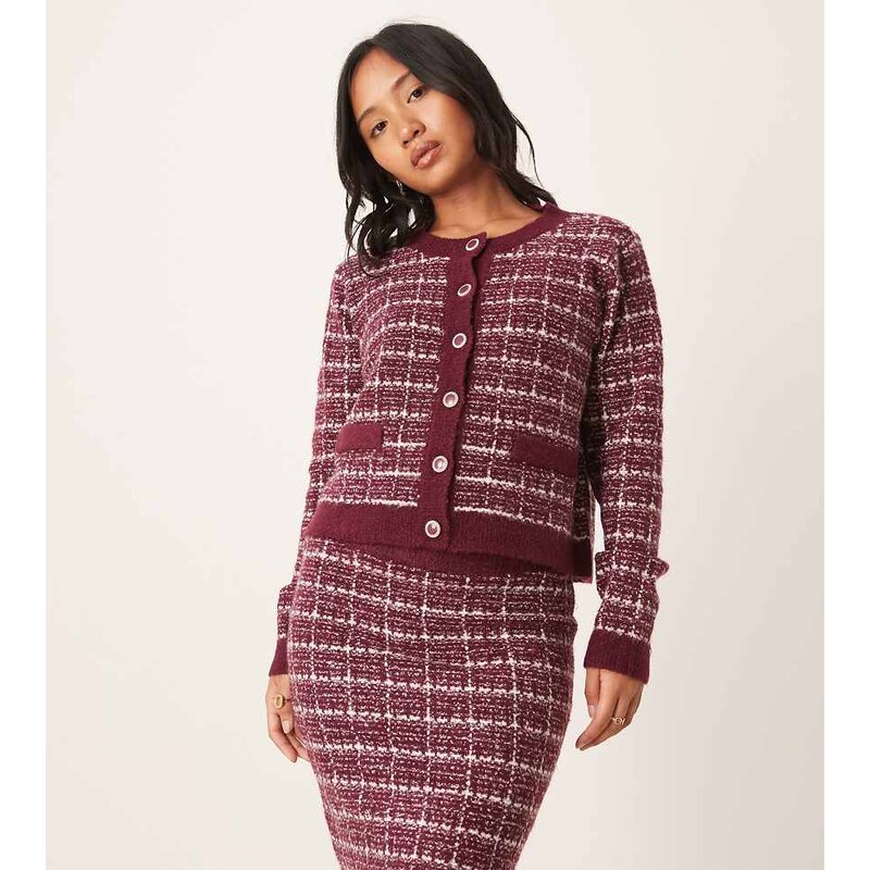 Vila Petite boucle check knitted mini skirt co-ord in burgundy-Red 109437659