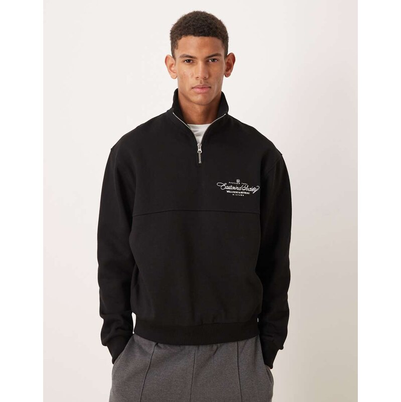 ASOS DESIGN relaxed fit quarter zip sweatshirt with text print
