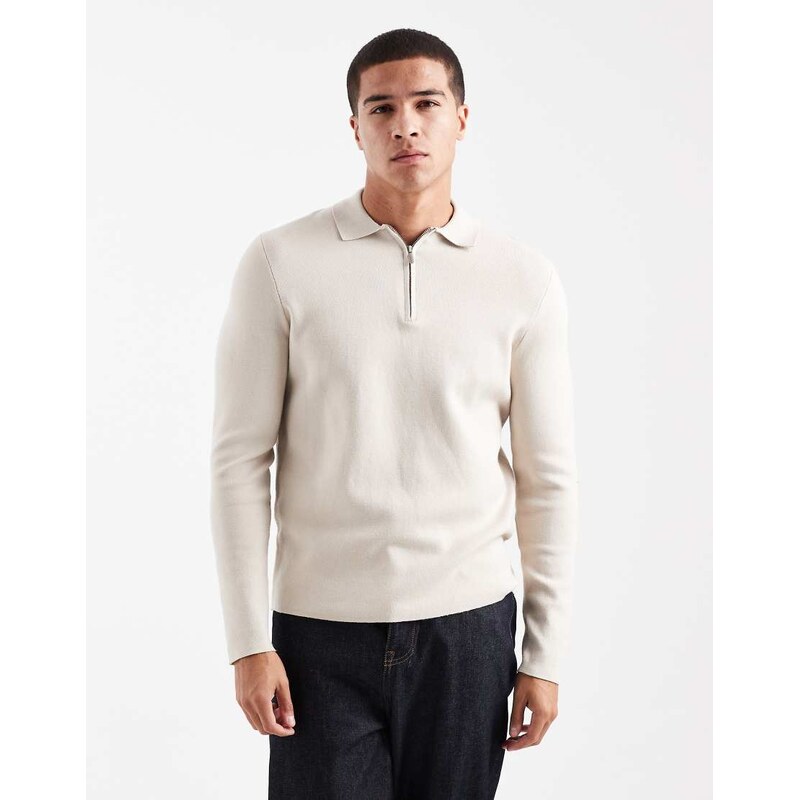ONLY & SONS knitted half zip polo top in stone-White
