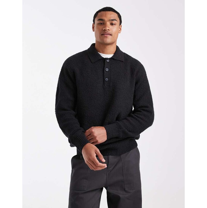 ONLY & SONS relaxed fit fisherman knit polo jumper in black