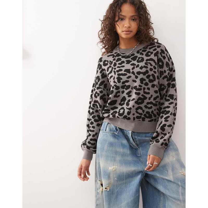 Noisy May relaxed knitted jumper in grey leopard-Black 115516250