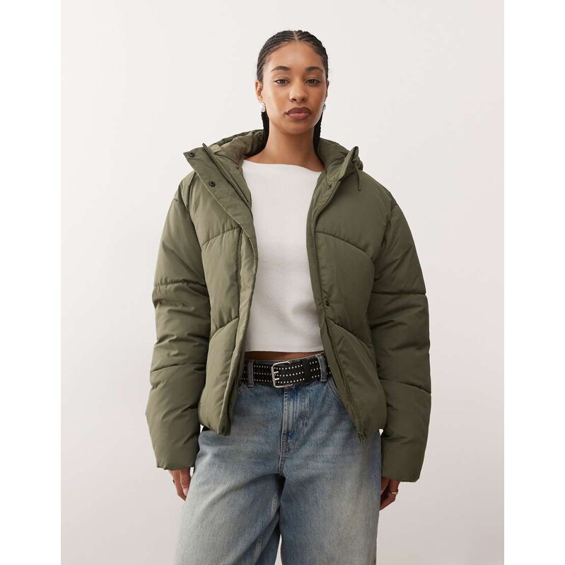 Noisy May hooded puffer jacket in khaki-Green 115516252