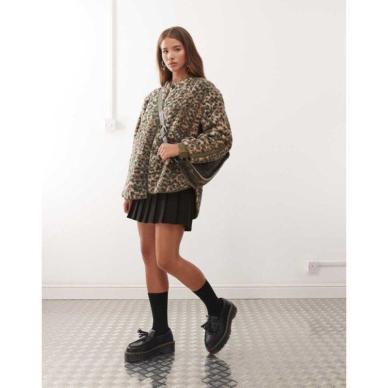 Noisy May oversized collarless teddy jacket in leopard print-Black 115565984