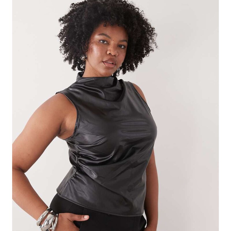 Noisy May Curve high neck faux leather asymmetric top in black