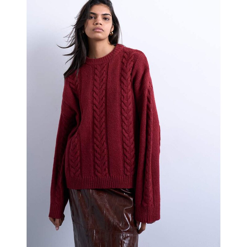 Topshop knitted oversized cable and wide rib jumper in deep red 110058986