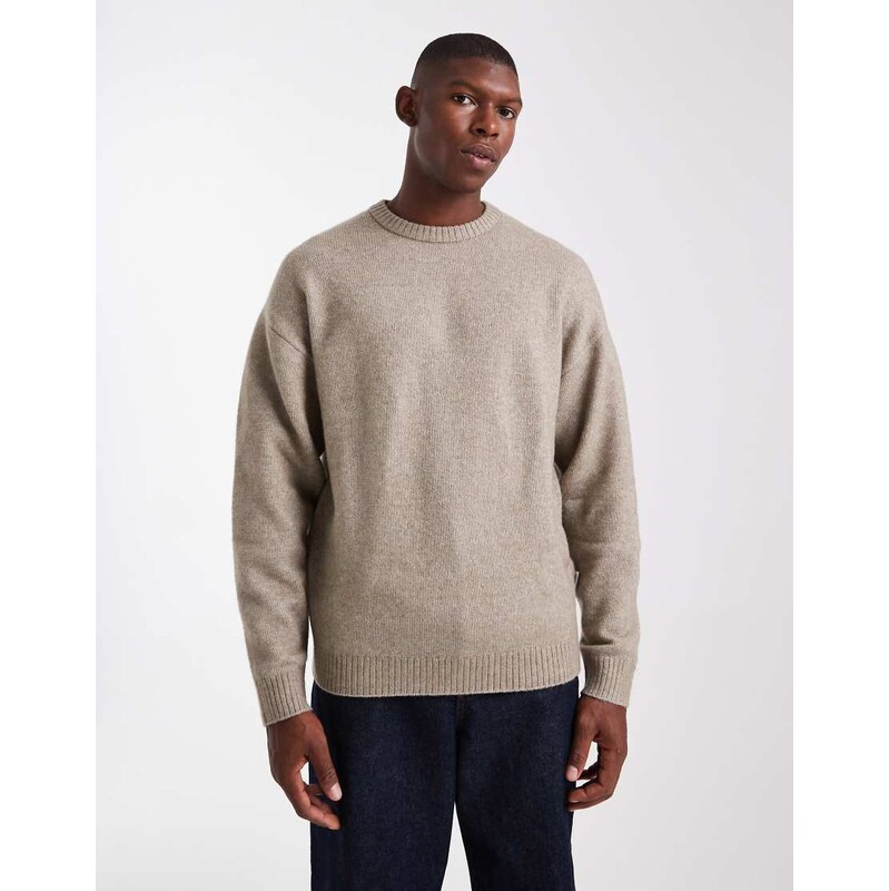 JJ Rebel relaxed fit fluffy crew neck jumper in beige-Neutral
