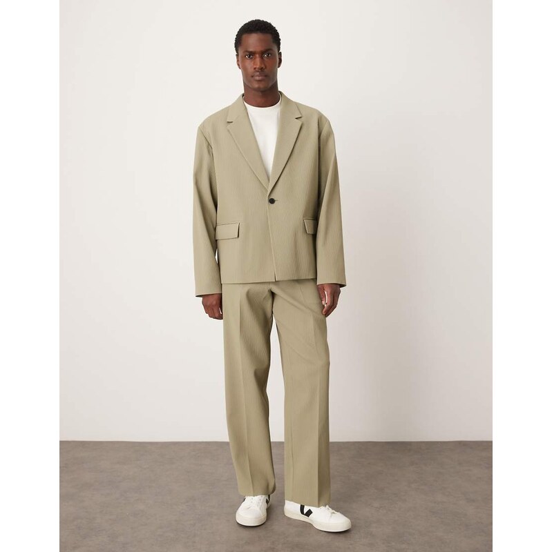 ASOS DESIGN rib fabric wide suit trouser in khaki-Green