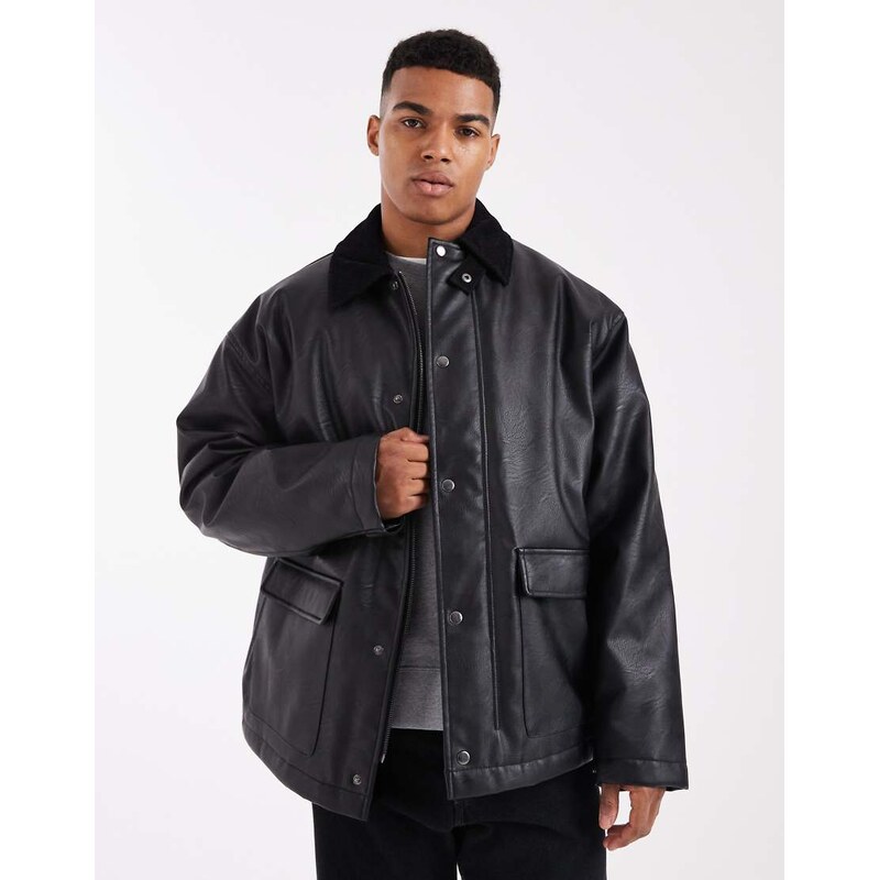 ASOS DESIGN oversized barn jacket with cord collar in black