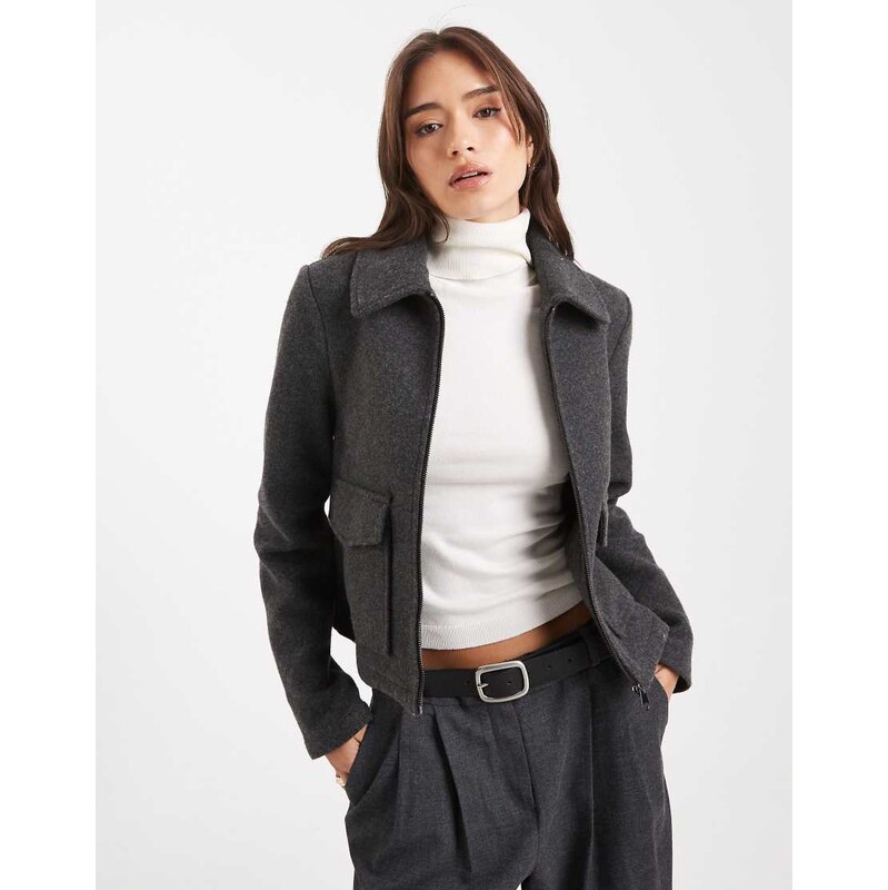 Vero Moda cropped felt jacket with pockets in dark grey melange 113263154