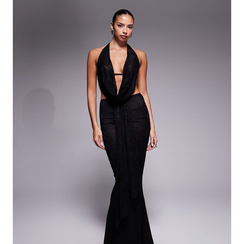 Murci exclusive lace drape detail fishtail maxi skirt co-ord in black 113619900