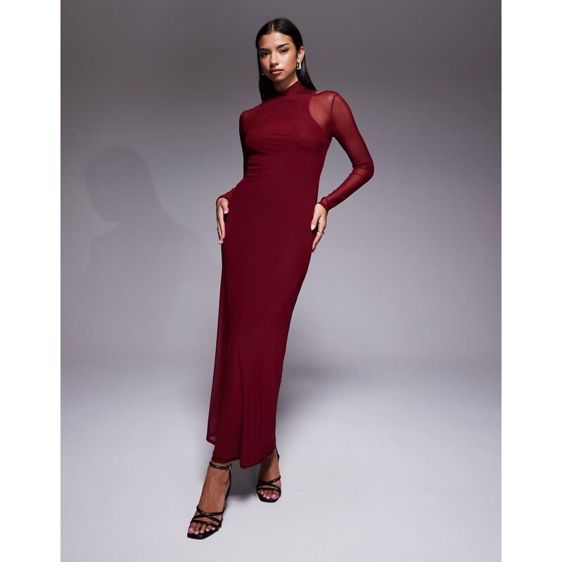 ASOS DESIGN mesh high neck double layer maxi dress in burgundy
