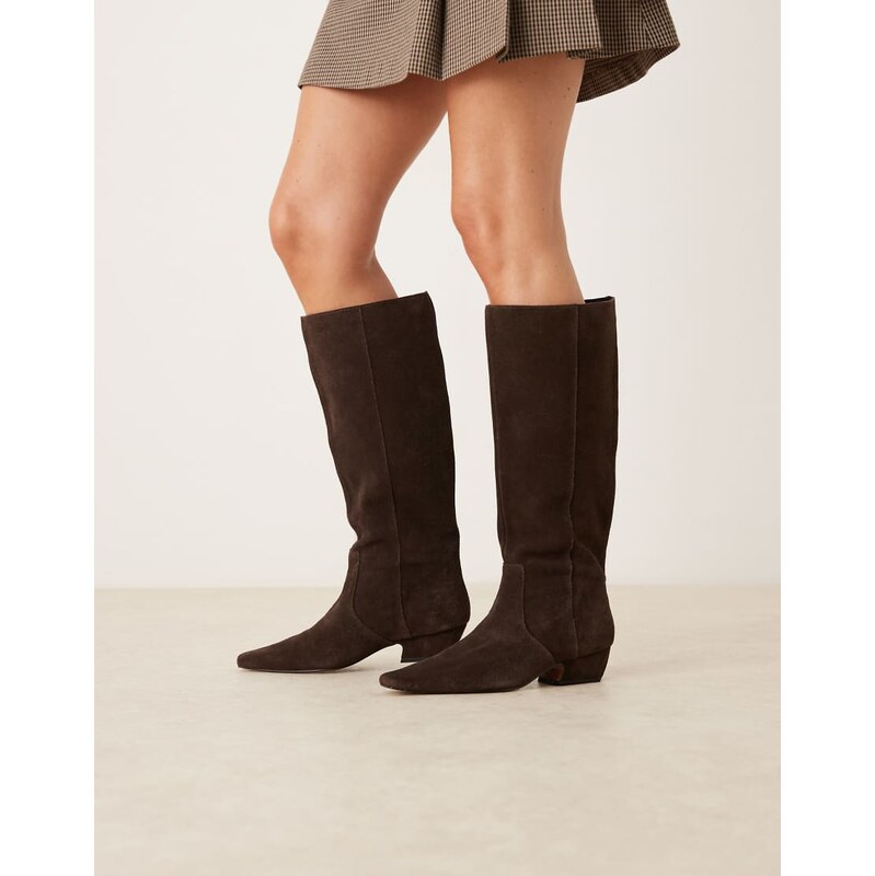ASOS DESIGN Calais suede pointed flat knee boots in chocolate-Brown 110051983