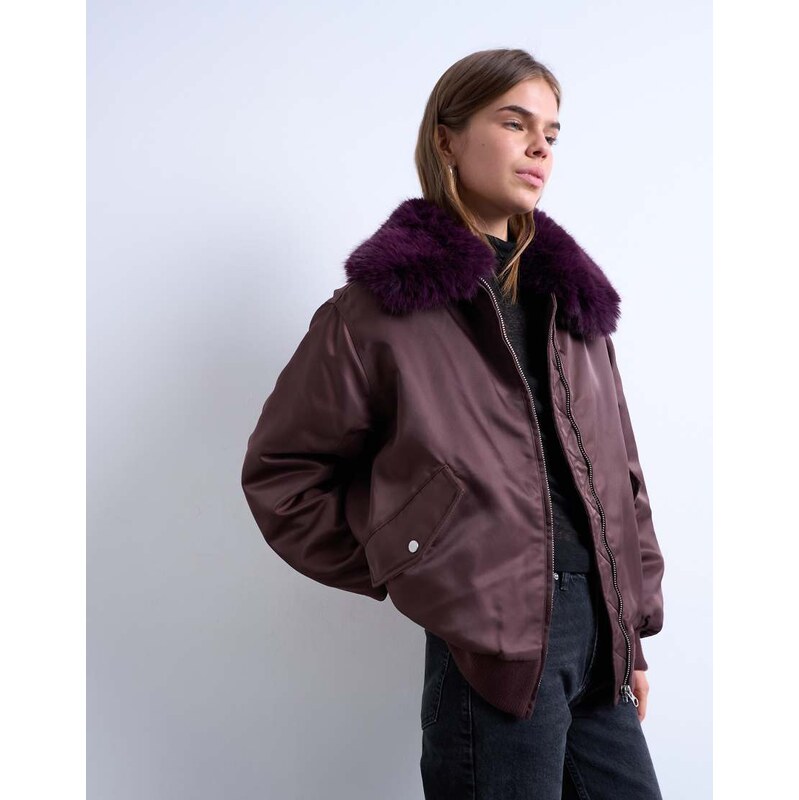 Topshop nylon bomber jacket with faux fur collar in red