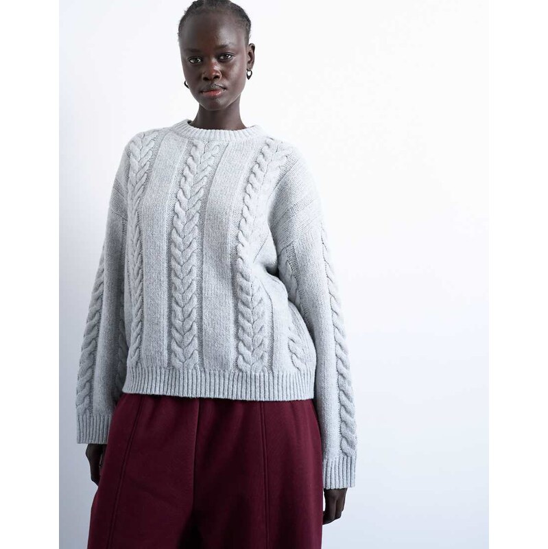 Topshop knitted oversized cable and wide rib jumper in grey
