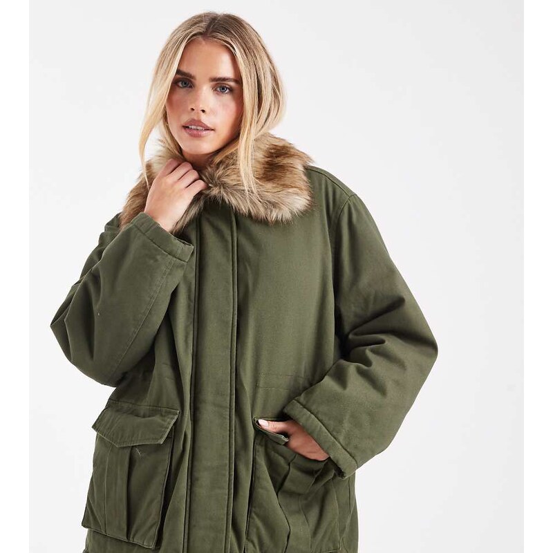 Miss Selfridge Petite faux fur collar parka in khaki-Green