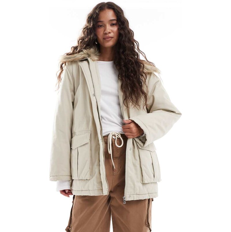 Miss Selfridge faux fur collar parka in stone-Neutral 115512723
