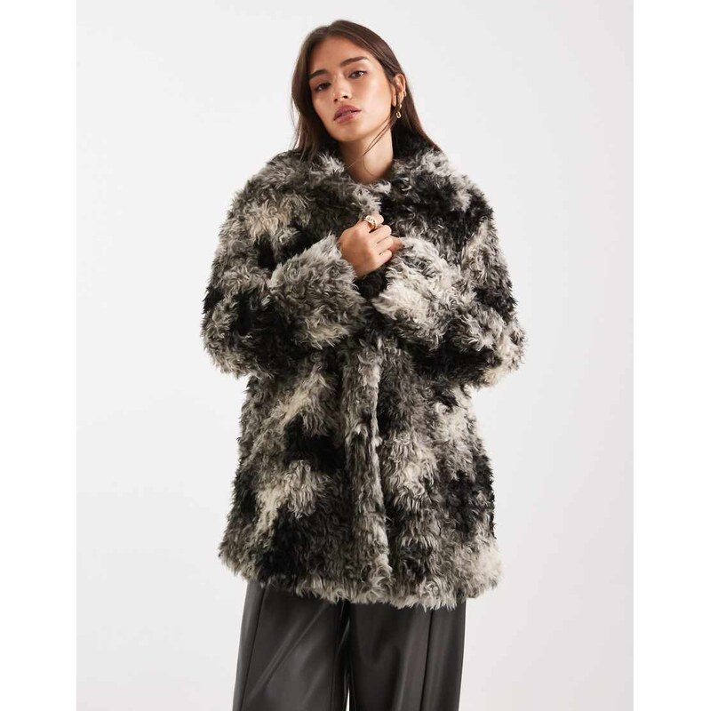 ASOS DESIGN faux fur coat in abstract cow print-Black 109440646