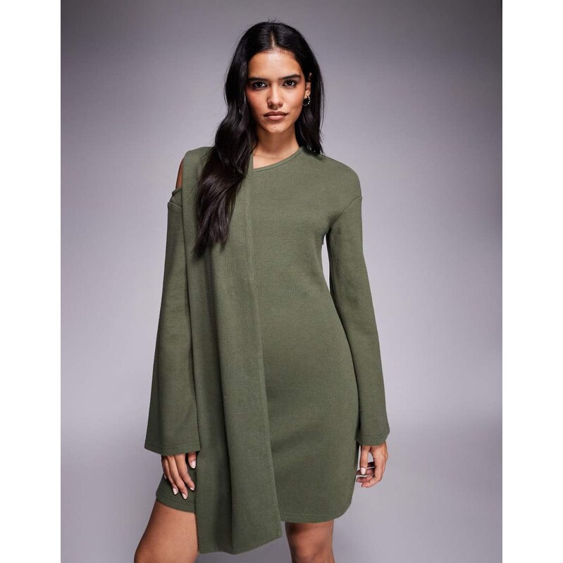 ASOS DESIGN supersoft slash neck scarf detail mini dress in khaki-No colour