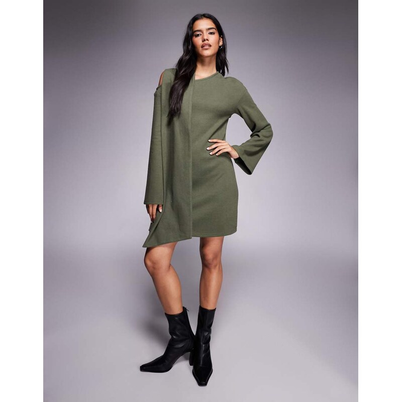ASOS DESIGN supersoft slash neck scarf detail mini dress in khaki-No colour