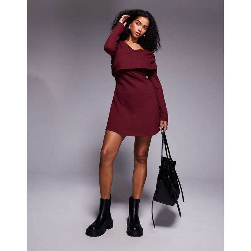 ASOS DESIGN supersoft wrap front mini dress in burgundy-No colour