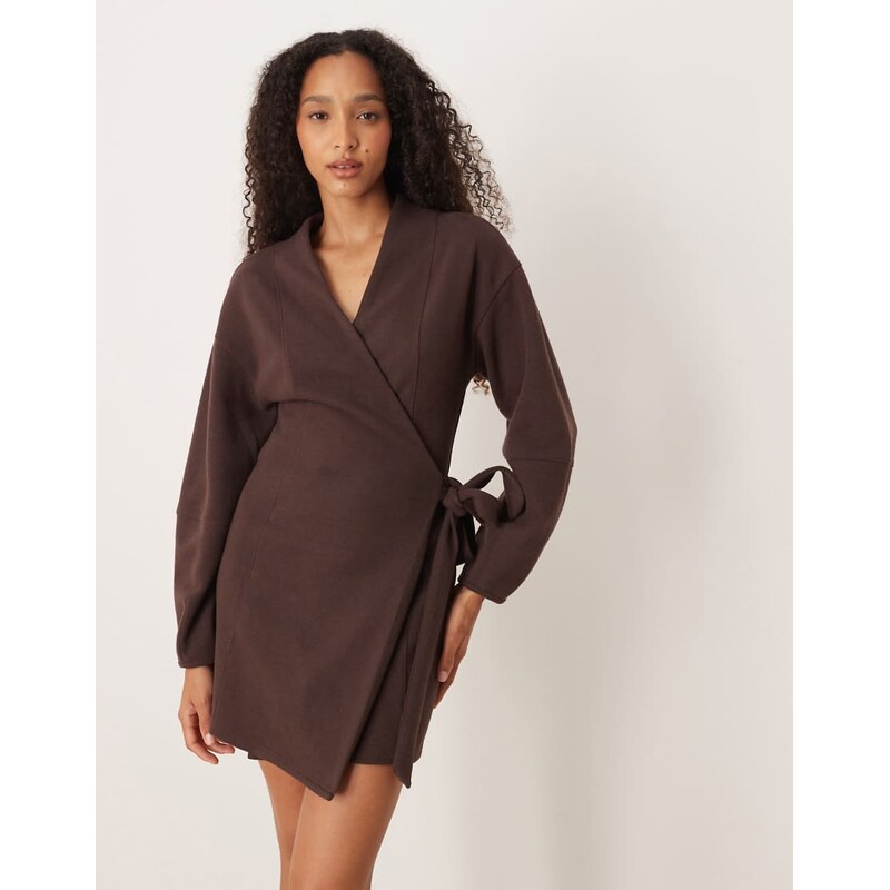 ASOS DESIGN supersoft long sleeve wrap tie front mini dress in chocolate-Brown