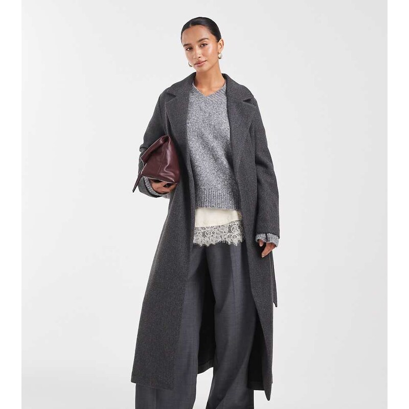 Vero Moda Petite extra long tie waist formal coat in dark grey melange 109440837