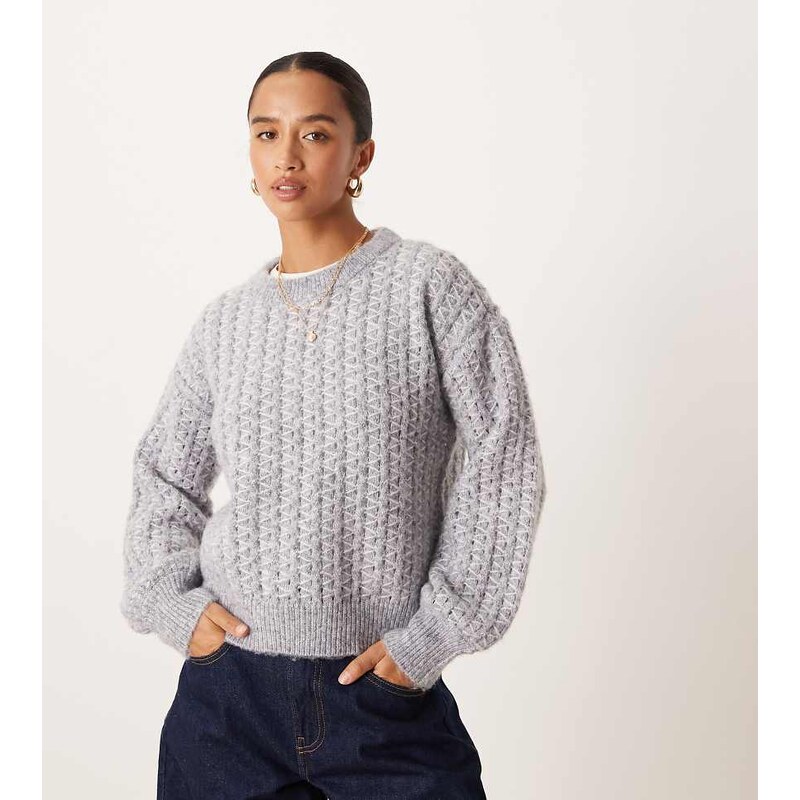 Vila Petite diagonal stitch knitted jumper in medium grey melange 109440852