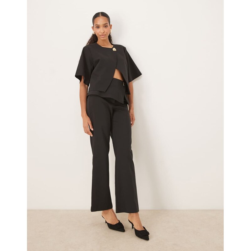 ASOS DESIGN tailored fold over gold button straight leg trousers in black