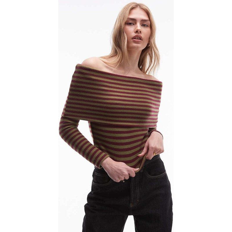 ASOS DESIGN Supersoft fold over off shoulder top in burgundy and