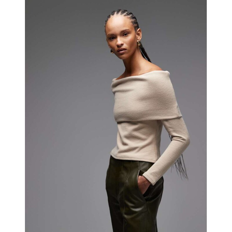 ASOS DESIGN Supersoft fold over off shoulder top in beige-Neutral 115518308